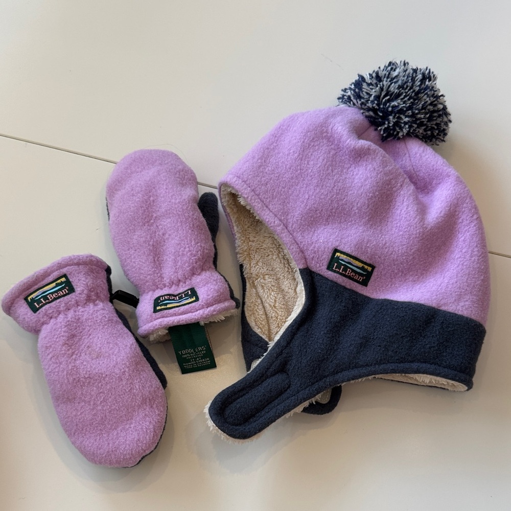 L.L. Bean Kids Lavender and Navy Fleece Hat and Mittens